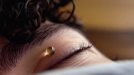 Wall Mural -   A close-up of a person's eye with a gold nose pin in the center of the iris