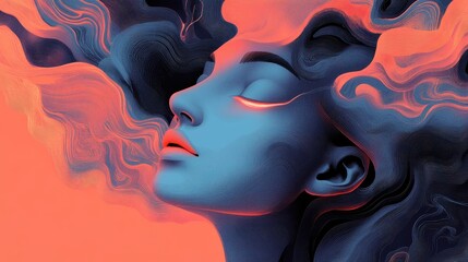 Poster - Surreal Portrait Featuring a Dreamlike Person with Flowing Hair and Ethereal Design Elements in a Vivid Blue and Orange Palette