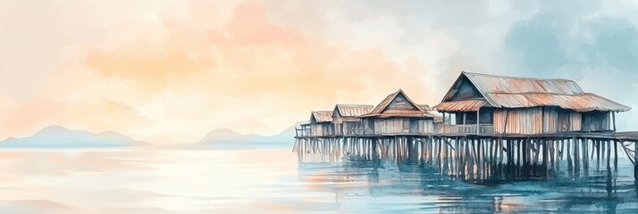 Poster - Serene watercolor portrayal of a tranquil fishing village at dusk with stilted wooden houses by the calm sea. Generative AI