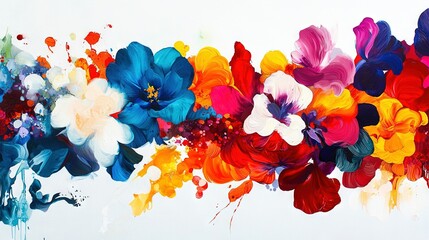 Wall Mural -  A vibrant painting of multi-colored flowers against a white background featuring red, yellow, blue, and green hues