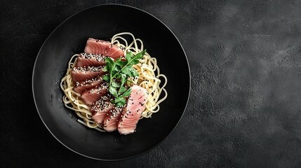 Wall Mural -   A black plate of food with noodles and sashimi on a black plate on a black table against a white background