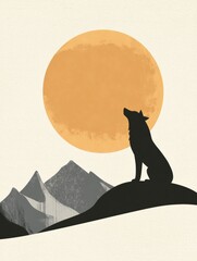 Poster - Minimalist wolf silhouette howling at a full moon in a serene night sky. Generative AI