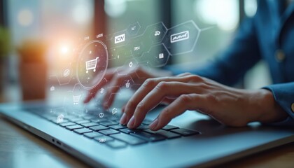 Poster - Business person integrates omni-channel marketing using laptop. Hands typing on keyboard with shopping cart icon. Online retail service, digital connection, e-commerce, banking, worldwide network.