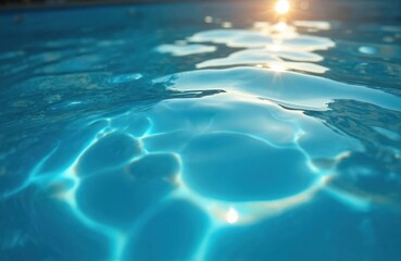 Aufkleber - Sunlit blue swimming pool water with ripple patterns creates tranquil summer vibe. Clear, transparent aqua liquid surface with refracted sunlight texture. Relaxation, vacation concept for background
