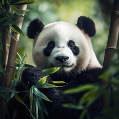 Poster - Beautiful panda enjoying bamboo in a lush forest with plenty of space for text and information. Generative AI