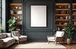 © miss irine - Modern reading room mockup with empty frame on dark wall between bookshelves. Armchairs near blank canvas. Template background for poster, interior art. Copy space between luxury furniture.