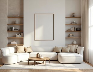 Wall Mural - Classic modern living room interior design with beige wall, mock-up poster frame above sofa. Wooden shelves with books. Home indoor lounge with light brown hardwood floor. Luxury hotel light