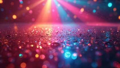 Poster - Illustration shows vibrant disco lights reflecting off shiny wet surface, multicolored beams. Festive, lively setting with bokeh effect. Perfect background for party, celebrations, night events,