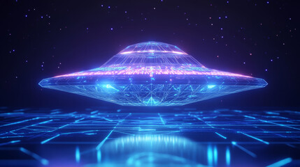 Wall Mural - a hologram of a ufo. the flying saucer sign consists of polygons, triangles of points and lines. the
