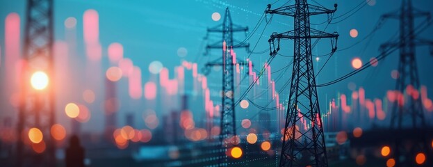 Fototapete - Market stock graph, info with city lights, energy facility. Business, industry background. Electricity pylon tower silhouettes with glowing charts, stock market data against blurred city lights bokeh.