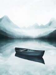 Poster - Serene watercolor illustration of a solitary rowboat floating on a tranquil mountain lake under a clear sky. Generative AI