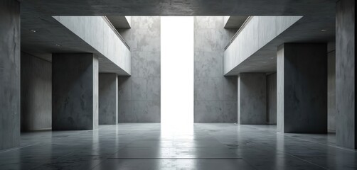 Poster - Modern minimalist concrete interior with high ceilings, geometric design. Symmetric open space features industrial architecture, monochromatic texture. Reflective floor creates depth, perspective.