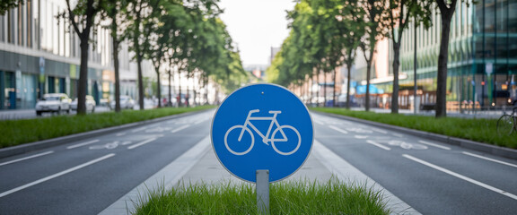 A modern urban scene showing a designated bicycle lane with blue bike symbol signs, symbolizing eco-friendly transportation and city infrastructure for cycling.