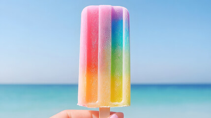 Summer Rainbow Popsicle: A refreshing treat featuring vibrant colors held against a sunny beach backdrop. Perfect for hot days and fun moments!