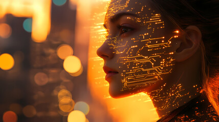 Wall Mural - A young woman with a serene expression stands in a city setting, her face overlaid with glowing circuit patterns. warm, golden light bathes the. Golden Hour Cyberpunk. Illustration