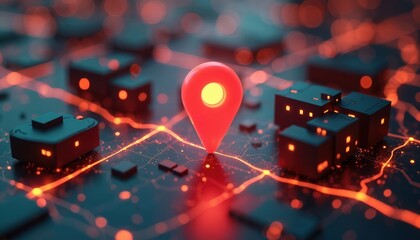 Aufkleber - Glowing red location pin hovers over dark futuristic cityscape. Navigation concept shows destination point in tech global positioning system. Digital travel maps application guides in modern urban