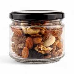 glass jar filled with a mixed assortment of dried fruits and nuts, sealed with a black lid. the jar 