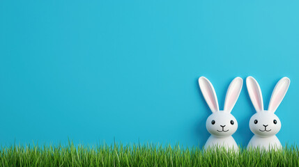 Wall Mural - easter community event. Cute bunnies in grass against blue background for Easter