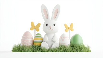 Wall Mural - easter community event. Cute bunny with colorful Easter eggs and flowers in grass