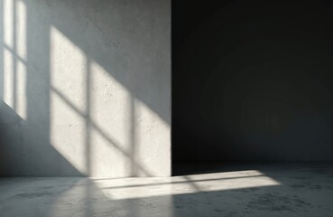 Poster - Diagonally splitted gray wall, casting geometrical sunlight shadow as background. Rough concrete surface with textured weathered effect and minimalistic stucco design for architectural concepts.