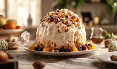 Poster - A large cake with nuts and fruit on top sits on a white plate on a table