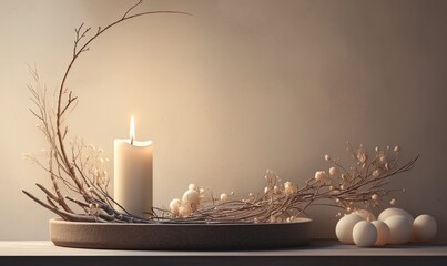 Wall Mural - A candle is lit in a wreath of twigs and flowers