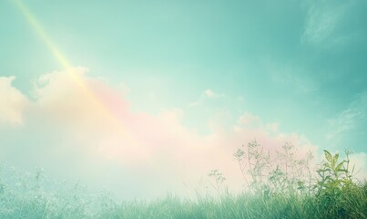 Canvas Print - A bright rainbow is visible in the sky above a field of grass