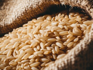 Close-up of rice grains in a burlap sack. Featuring the texture and natural color of the grains. Emphasizing the rustic and organic nature of raw rice. Ideal for agricultural blogs and food packaging.