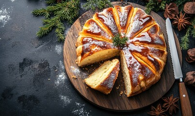 Poster - A slice of cake with a knife on a wooden cutting board