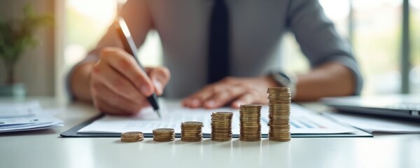 Poster - Man signs document near stack of coins. Concept of financial planning, savings, investment, income growth. Rising coin stacks symbolize budget management, investment strategy, debt settlement,