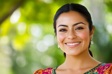 Wall Mural - Smiling hispanic young woman in colorful dress outdoors with green background