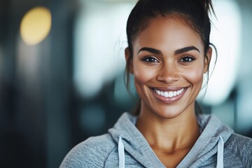 Wall Mural - Smiling african female adult in casual hoodie with blurred background