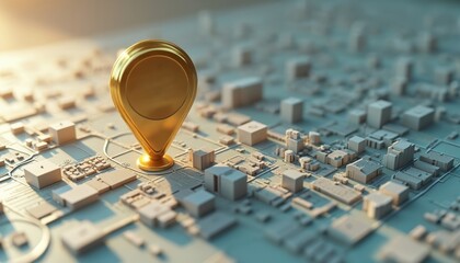 Fototapete - Photo of golden location pin on light city map. GPS navigation concept. Symbol of travel, route, direction, destination, address, explore, find place, search guidance. Modern orientation technology.