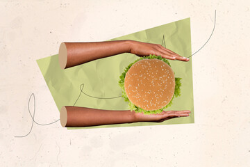 Template sketch trend artwork photo collage of two hands hold between burger junk food gourmet nutrition chef hungry calories restaurant