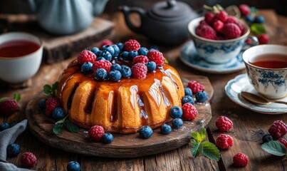 Poster - A cake with blueberries and raspberries on top of a wooden table