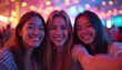 © miss irine - Three cheerful girls pose, smile in vibrant interior. Diverse young women at party, event take selfie. Friends enjoy fun moment. Friendship, happiness, positive emotion concept.