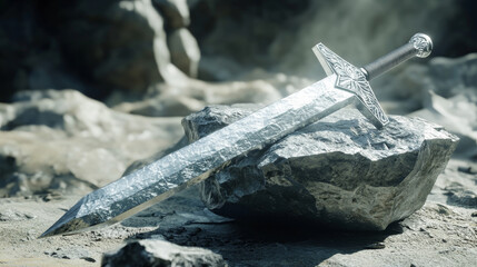 Wall Mural - a hologram of a sword in stone. a sword stuck in a stone made of polygons, triangles of dots and lin