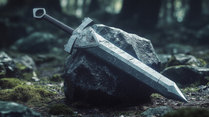 Wall Mural - a hologram of a sword in stone. a sword stuck in a stone made of polygons, triangles of dots and lin