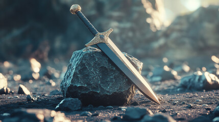 Wall Mural - a hologram of a sword in stone. a sword stuck in a stone made of polygons, triangles of dots and lin