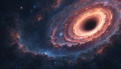 Fototapete - Majestic black hole sucks space matter and radiates energy in cosmos. Galaxy swirls around a gravity vortex. Science fact and fiction illustration of deep space phenomenon and undiscovered universe.