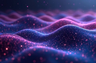 Poster - Illustration of abstract purple, blue digital waves. Sparkling glow, dynamic motion, smooth flow. Modern futuristic design, cosmic energy vibe. Vibrant high-colored pattern ideal for digital