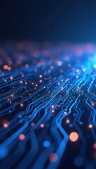 Poster - Vibrant blue tech abstract background with glowing lines, dots. Dynamic circuit board pattern for cyberspace, technology concepts. Modern digital theme with energy, luminescence, innovation, motion.