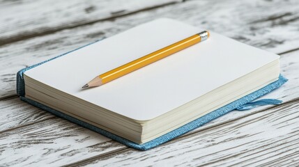 Poster - Bright wooden desk with open notebook and pencil ready for creative writing or note taking in a spacious setting. Generative AI
