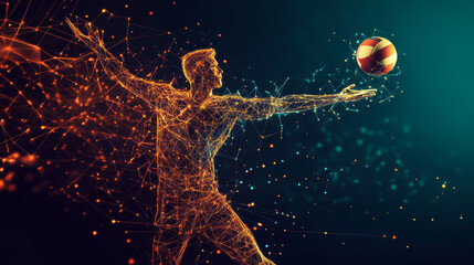 Wall Mural - a hologram of volleyball. the volleyball player hits the ball of polygons, triangles of points and l