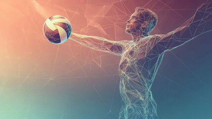 Wall Mural - a hologram of volleyball. the volleyball player hits the ball of polygons, triangles of points and l