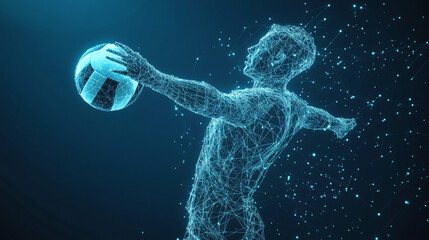 Wall Mural - a hologram of volleyball. the volleyball player hits the ball of polygons, triangles of points and l