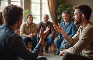 people share experiences at support group session. men, women talk about addiction, mental health an