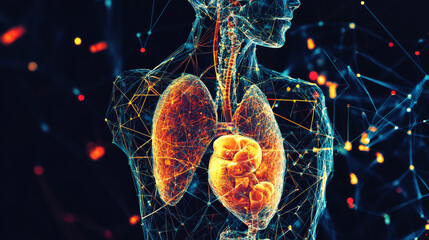 Wall Mural - hologram medical history. the medical history consists of polygons, triangles of dots and lines. med