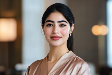 Wall Mural - Young asian female smiling in elegant attire indoors