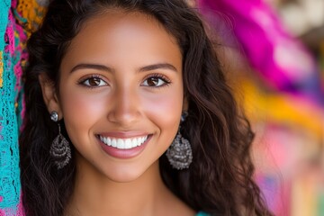 Wall Mural - Smiling hispanic female teen with jewelry and colorful background